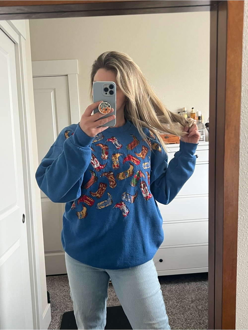 Prospirit Blue Crewneck Real 90’s Handmade Sweatshirt with Multicolor Boot Print